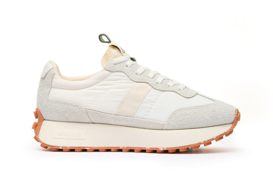 Women's Acorn Trainer sneaker in White Clay nylon and suede, side view