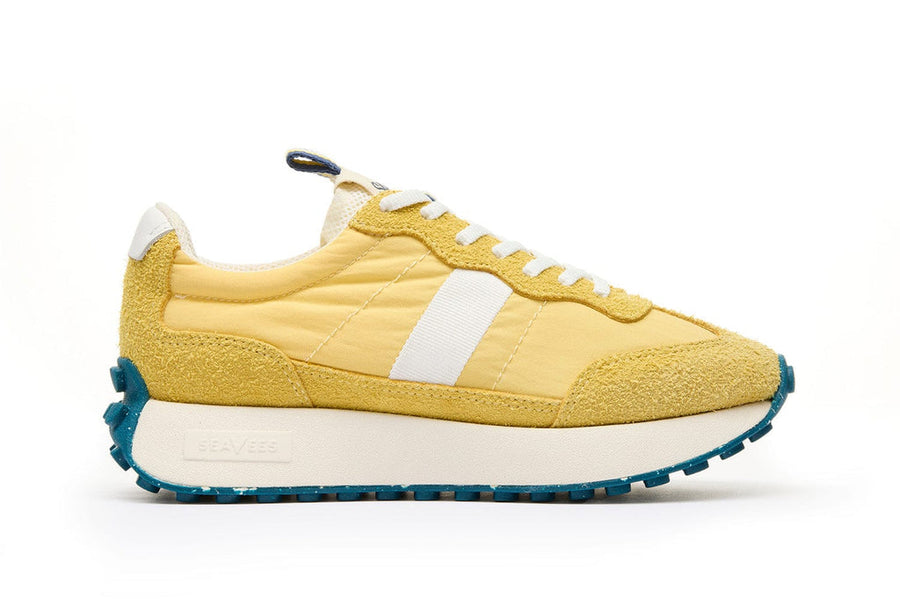 Women's Acorn Trainer sneaker in Beachball nylon and suede, side view