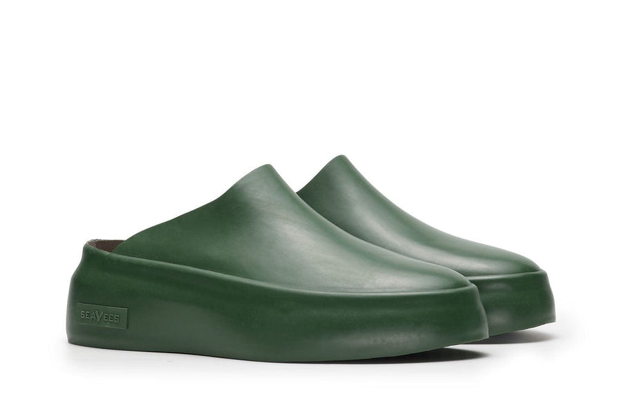 Women's Marin Mule in Moss Green rubber, three-quarter view