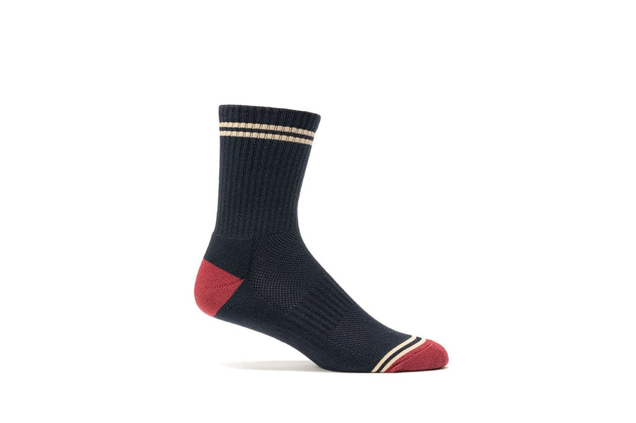 Navy crew sock with burgundy heel and toe and cream stripes, side view