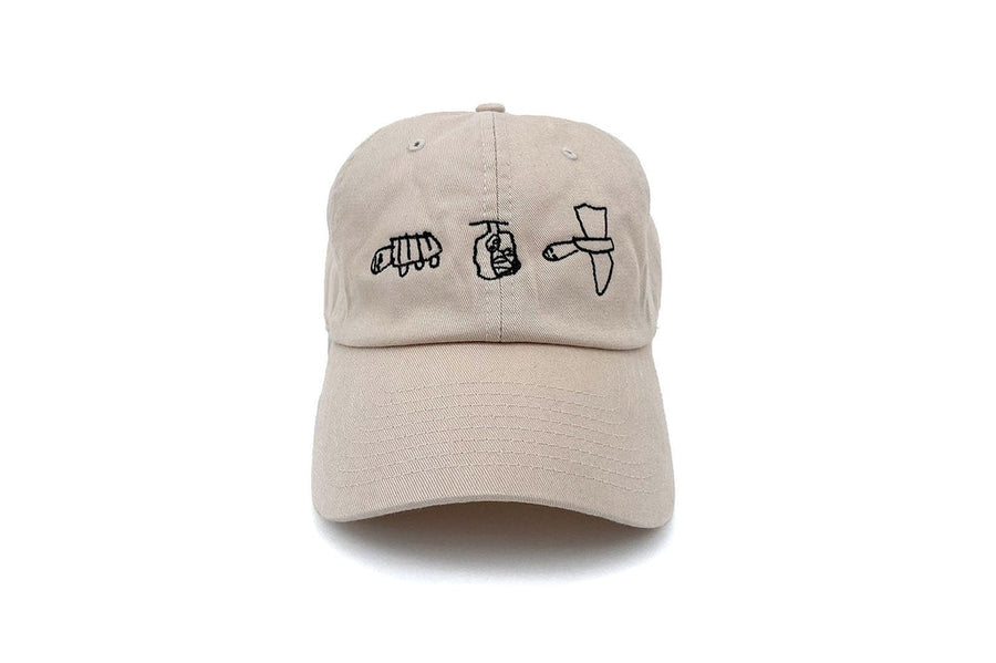 By Her Own Self khaki dad hat with embroidered line drawings, front view