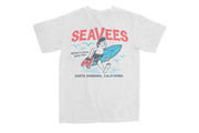 SeaVees Sandy white t-shirt, back view with Santa Barbara surfer graphic