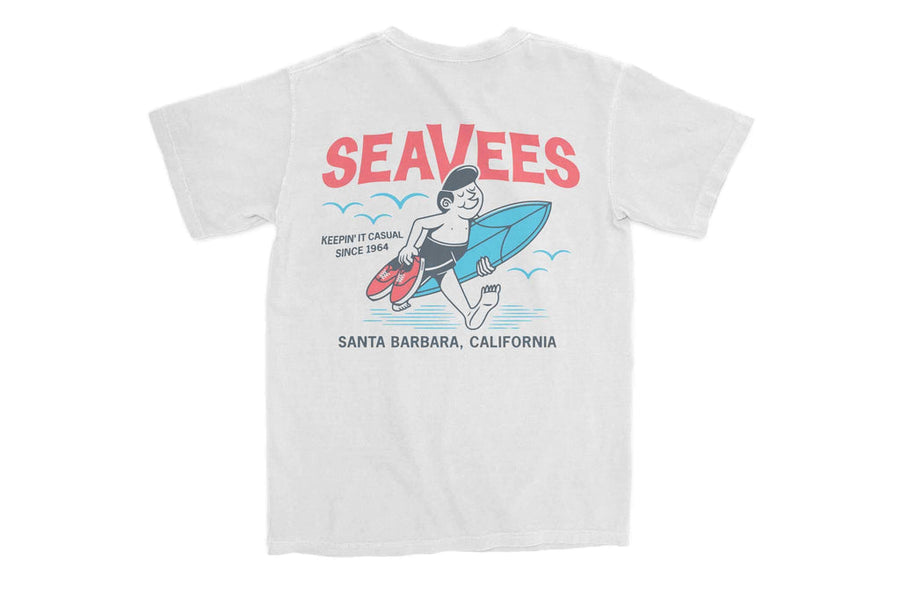 SeaVees Sandy white t-shirt, back view with Santa Barbara surfer graphic