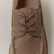 Men's Larkspur Lug Boat Shoe in Cement suede, close up of the laces and eyelets