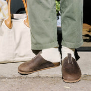 Men's Tiburon Trekker sandal in Bark leather, worn with olive pants and white socks, front view