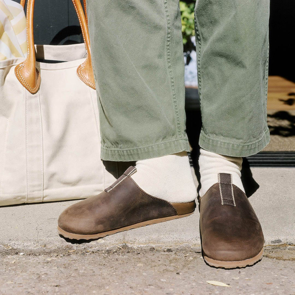 Men's Tiburon Trekker sandal in Bark leather, worn with olive pants and white socks, front view