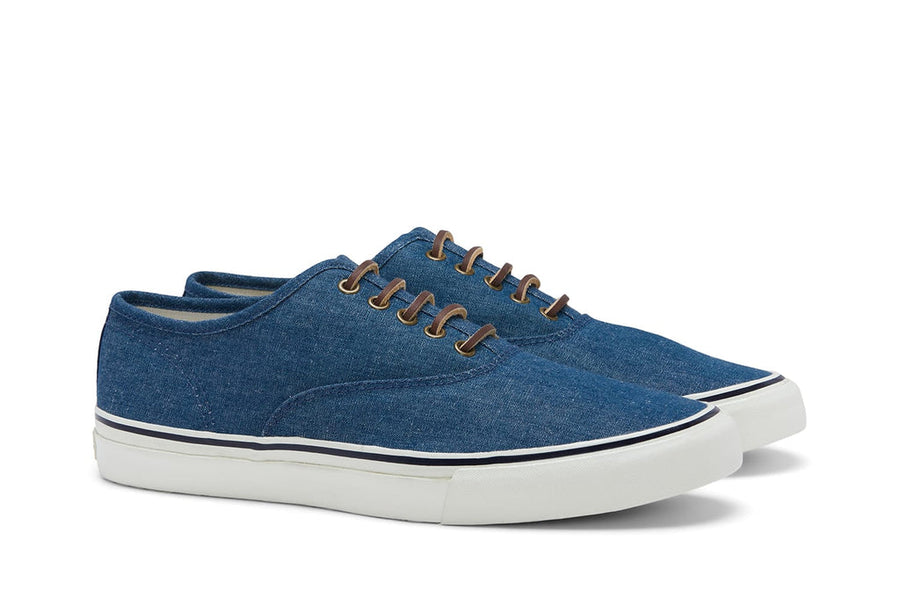 Men's Founders Edition Yacht Shoe in Indigo cotton linen, three-quarter view