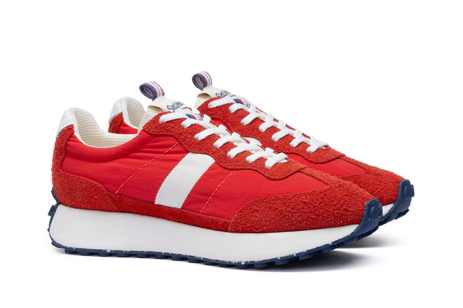 Men's Acorn Trainer sneaker in Candy Apple Red nylon and suede, three-quarter view