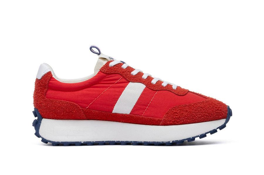 Men's Acorn Trainer sneaker in Candy Apple Red nylon and suede, side view