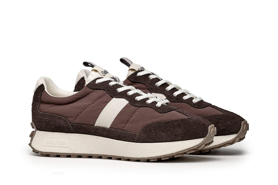 Men's Acorn Trainer sneaker in Espresso nylon and suede, three-quarter view