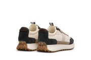 Men's Acorn Trainer sneaker in Black and Tan nylon and suede, heel view