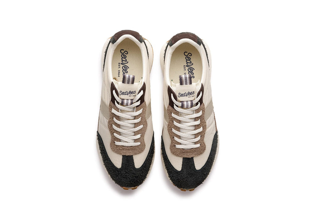 Men's Acorn Trainer sneaker in Black and Tan nylon and suede, top view
