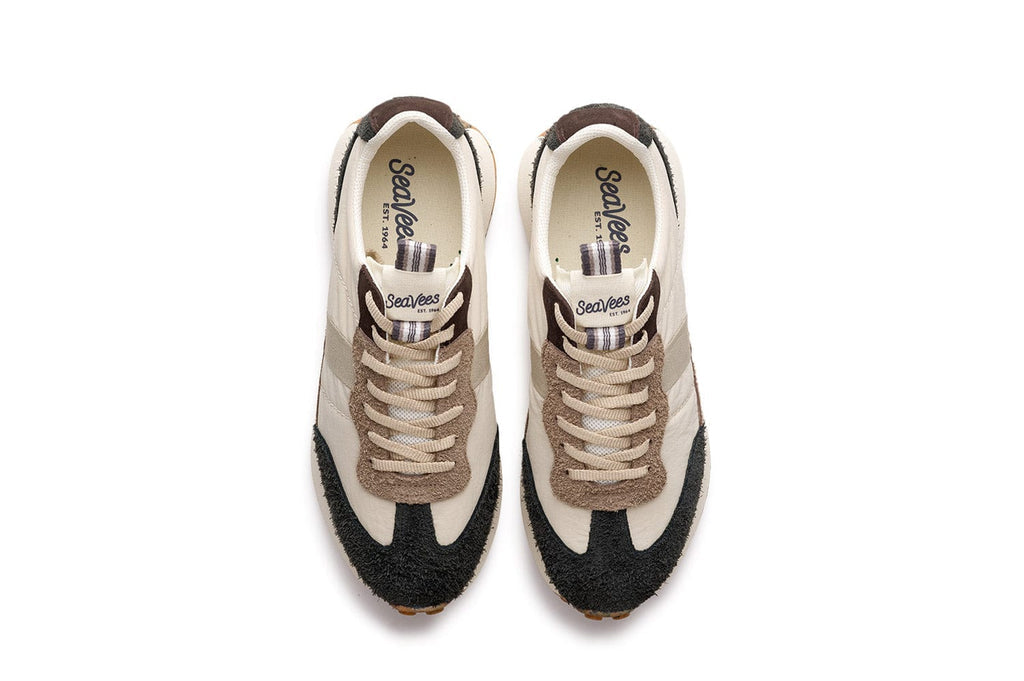 Men's Acorn Trainer sneaker in Black and Tan nylon and suede, top view, alternate shot 2