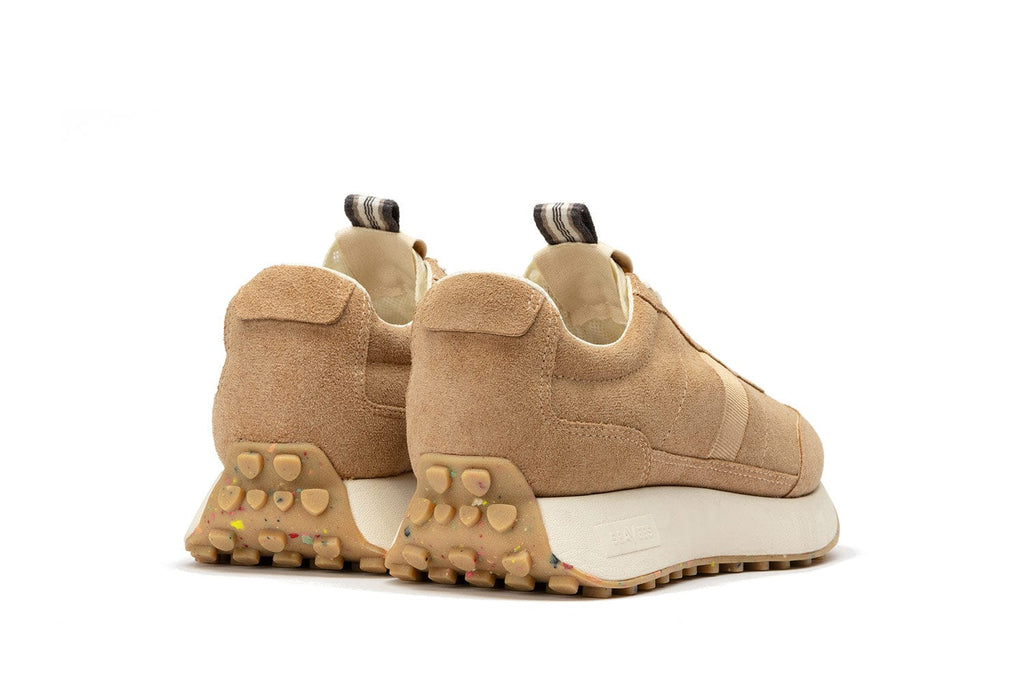 Men's Acorn Trainer sneaker in Tan suede, heel view