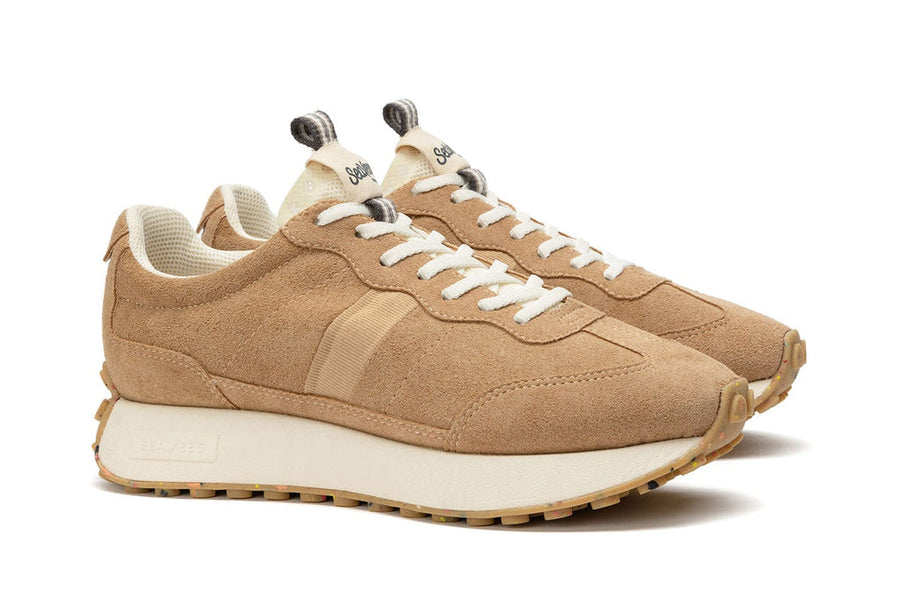 Men's Acorn Trainer sneaker in Tan suede, three-quarter view