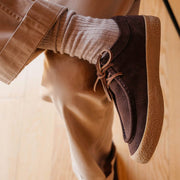Men's Hayward Loafer in Chocolate suede, close up worn with khaki pants and gray socks