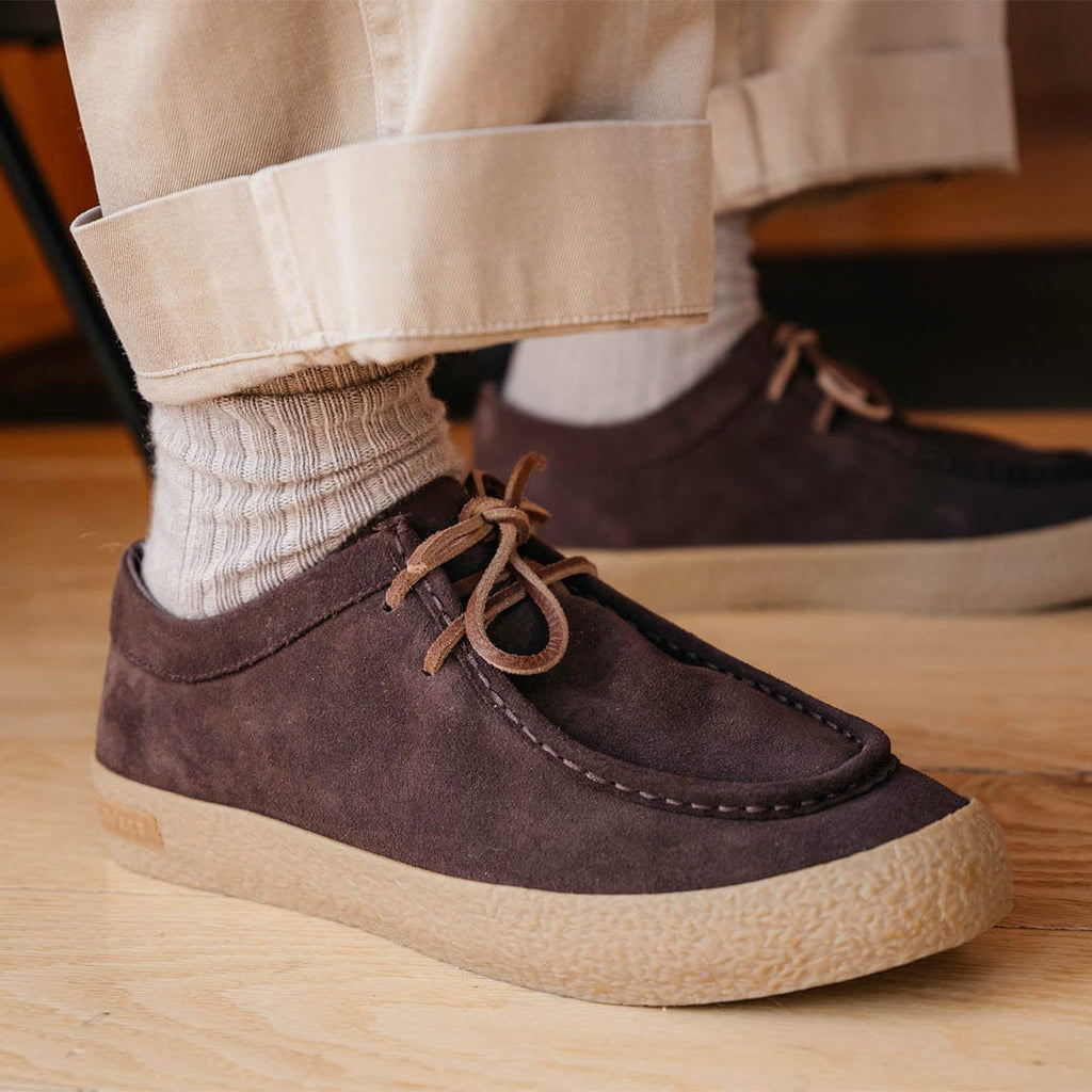 Men's Hayward Loafer in Chocolate suede, worn with rolled khaki pants and gray socks