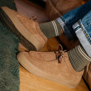 Men's Hayward Loafer in Tobacco suede, close up worn with olive socks and rolled jeans