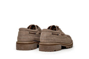 Men's Larkspur Lug Boat Shoe in Cement suede, heel view