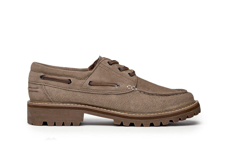 Men's Larkspur Lug Boat Shoe in Cement suede, side view