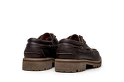 Men's Larkspur Lug Boat Shoe in Dark Chocolate leather, heel view