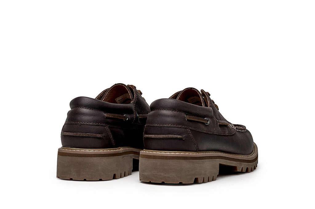 Men's Larkspur Lug Boat Shoe in Dark Chocolate leather, heel view