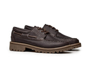 Men's Larkspur Lug Boat Shoe in Dark Chocolate leather, three-quarter view