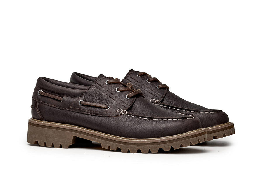 Men's Larkspur Lug Boat Shoe in Dark Chocolate leather, three-quarter view