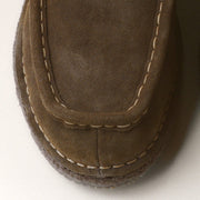 Men's Lodge Slipper in Woodsmoke suede, toe close up showing the stitching