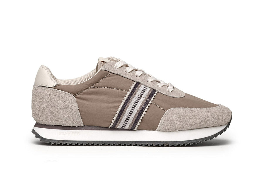 Men's Royal Runner sneaker in Latte nylon and suede, side view
