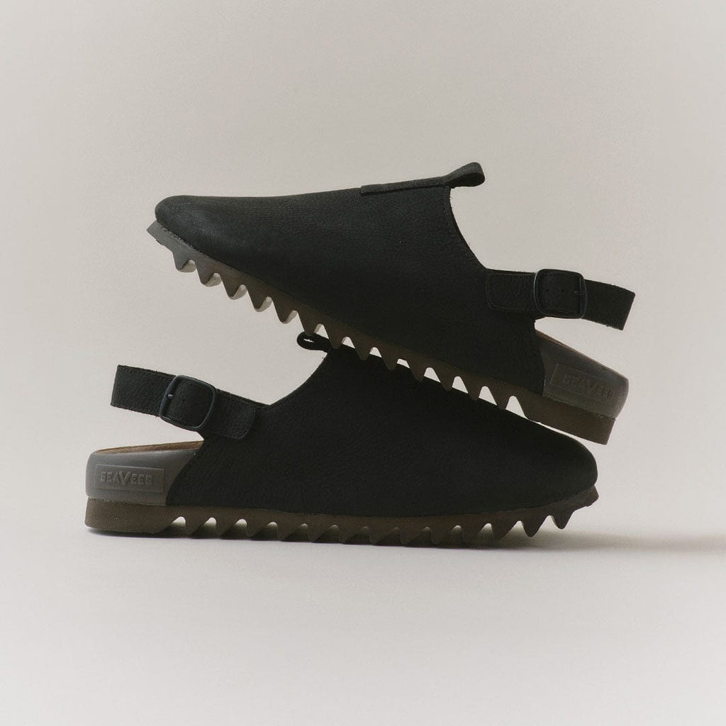 Men's Tahoe Trekker sandal in Black leather, pair stacked on a light background, showing the strap and lug sole