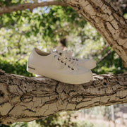 Women's Monterey Sneaker in Bleach canvas, resting on a tree branch