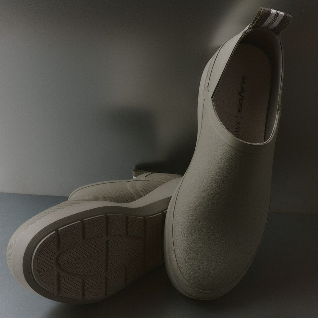 Women's Calistoga Clog in Concrete rubber, pair on a dark surface, showing the outsole