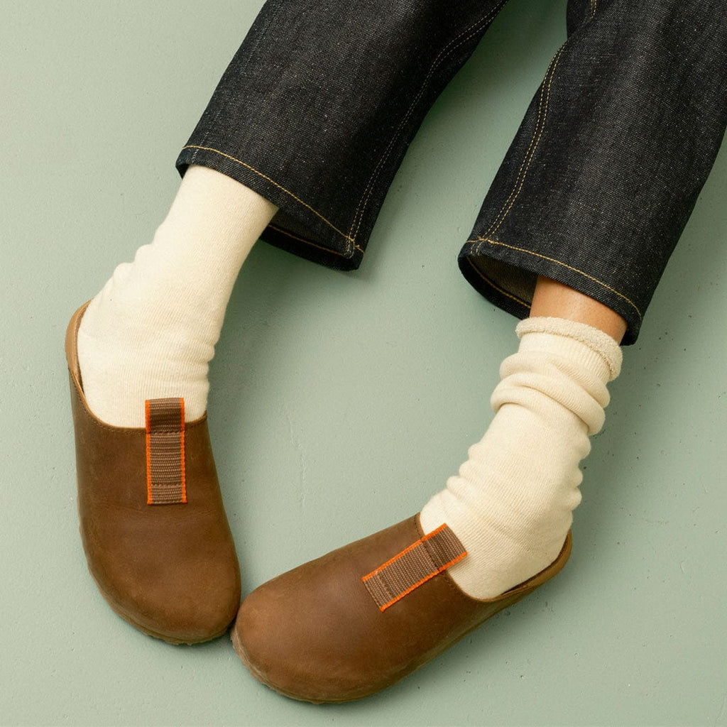Women's Tiburon Trekker sandal in Elmwood leather, worn with cream socks, pair from above