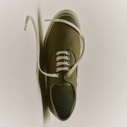 Men's Founders Edition Yacht Shoe in Green canvas, top view with cream laces on a gray background
