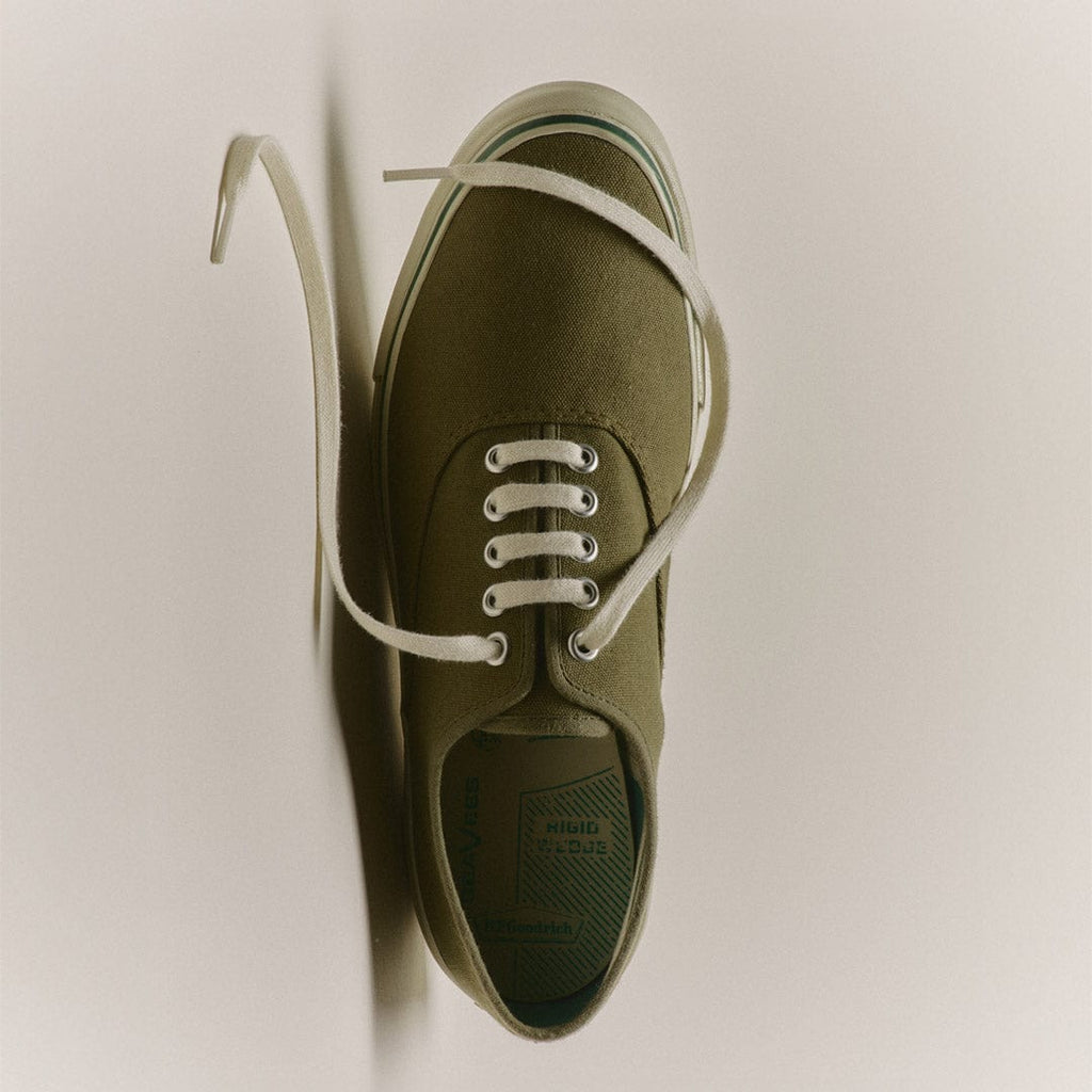 Men's Founders Edition Yacht Shoe in Green canvas, top view with cream laces on a gray background