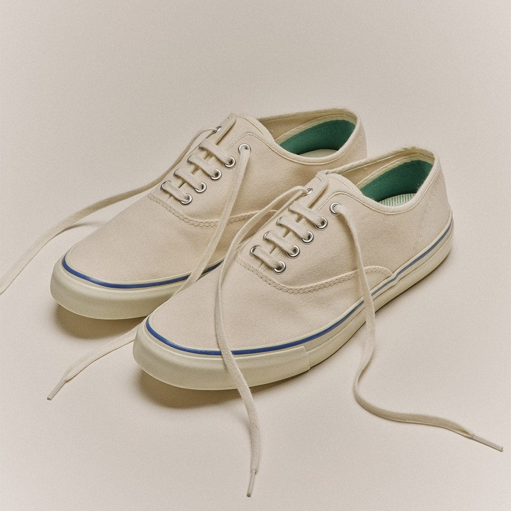 Women's Founders Edition Yacht Shoe in White canvas, pair with laces untied, top view