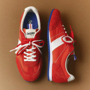 Women's Parsons Low Profile Trainer sneaker in Ribbon Red nylon and suede, pair viewed from above, one on its side,