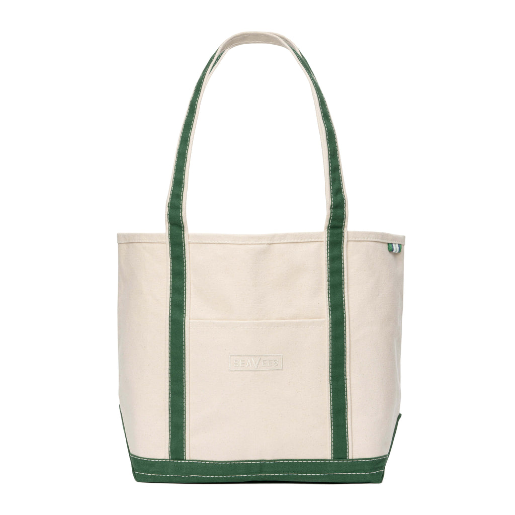SeaVees natural canvas boat tote bag with hunter green trim, front view