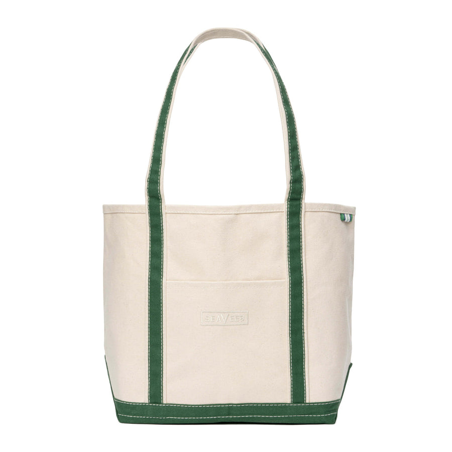 SeaVees natural canvas boat tote bag with hunter green trim, front view