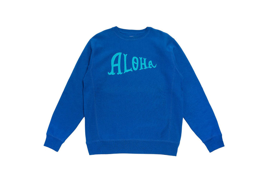 Slightly Choppy Aloha royal blue crew sweatshirt with teal lettering