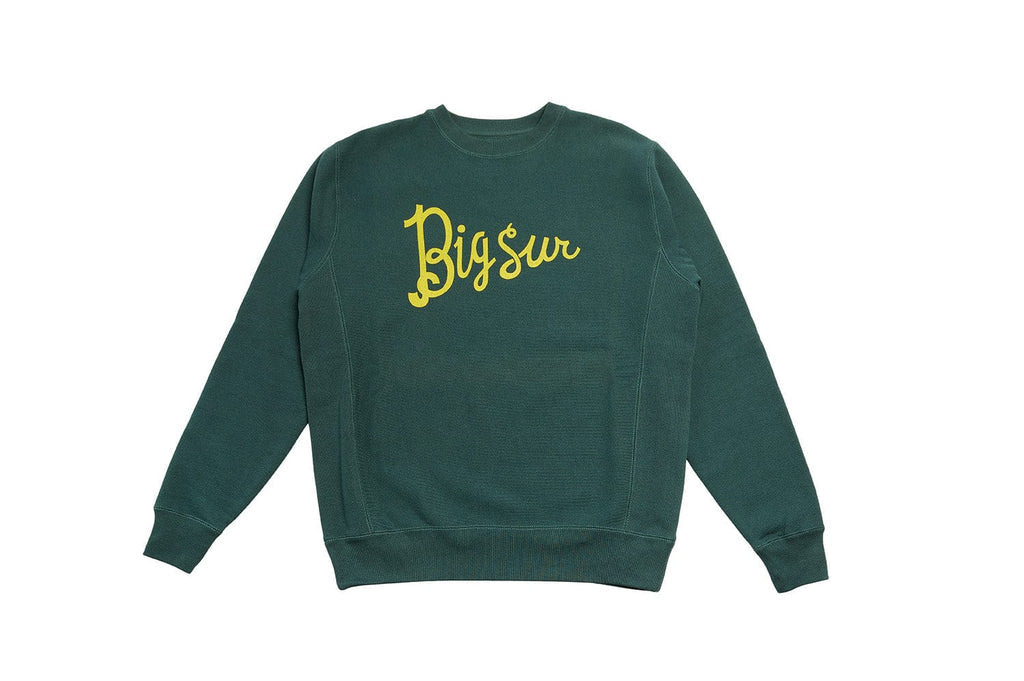 Slightly Choppy Big Sur alpine green crew sweatshirt with yellow lettering