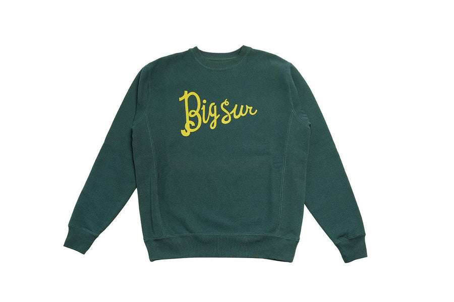 Slightly Choppy Big Sur alpine green crew sweatshirt with yellow lettering