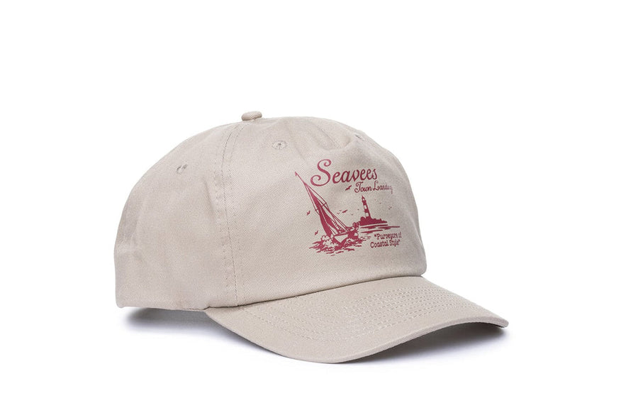 SeaVees Town's Landing gray and khaki dad hat with red embroidery, front view