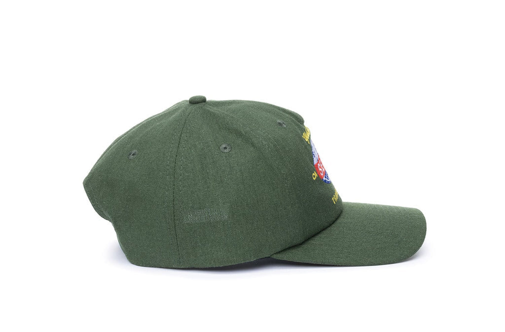 SeaVees Travel Bureau green dad hat, side view