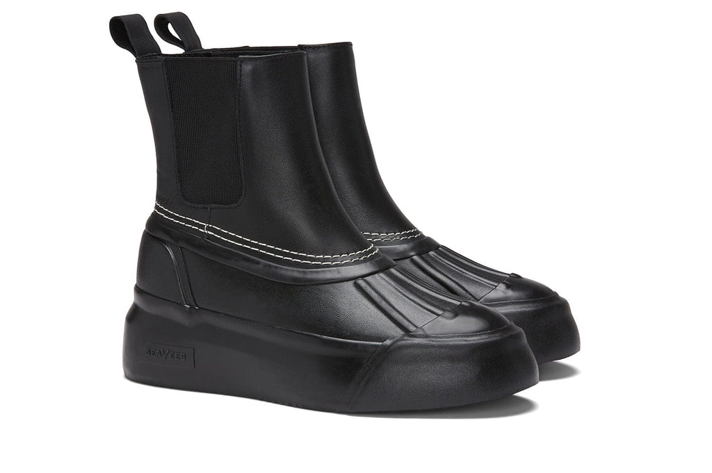 Women's Chalet Chelsea Boot in Black leather, three-quarter view