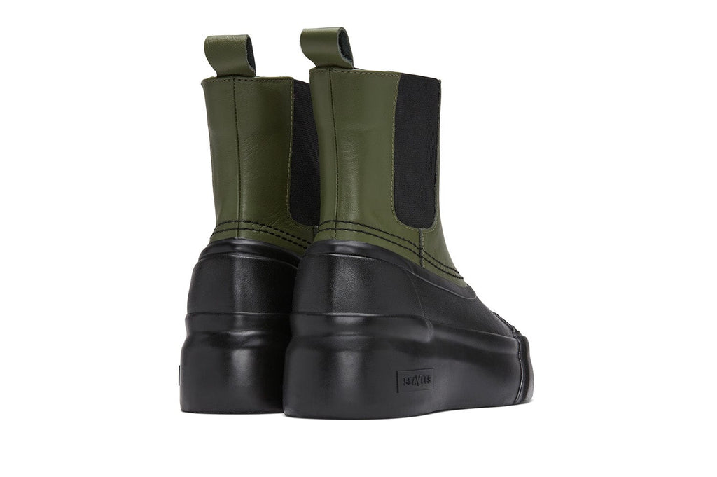 Women's Chalet Chelsea Boot in Utility Olive leather, heel view