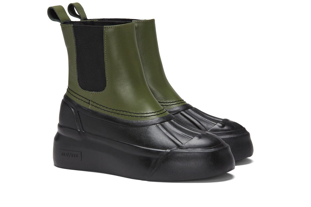 Women's Chalet Chelsea Boot in Utility Olive leather, three-quarter view