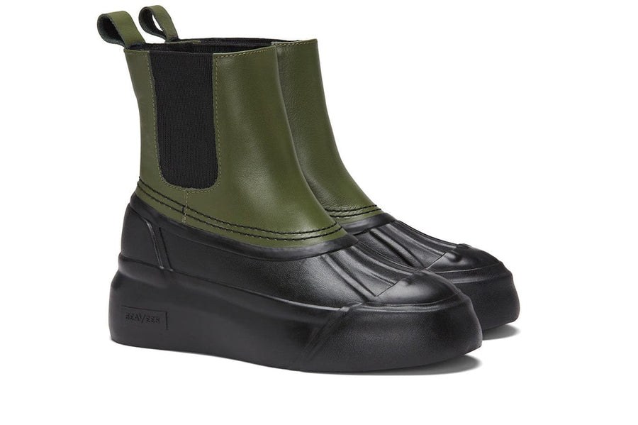 Women's Chalet Chelsea Boot in Utility Olive leather, three-quarter view
