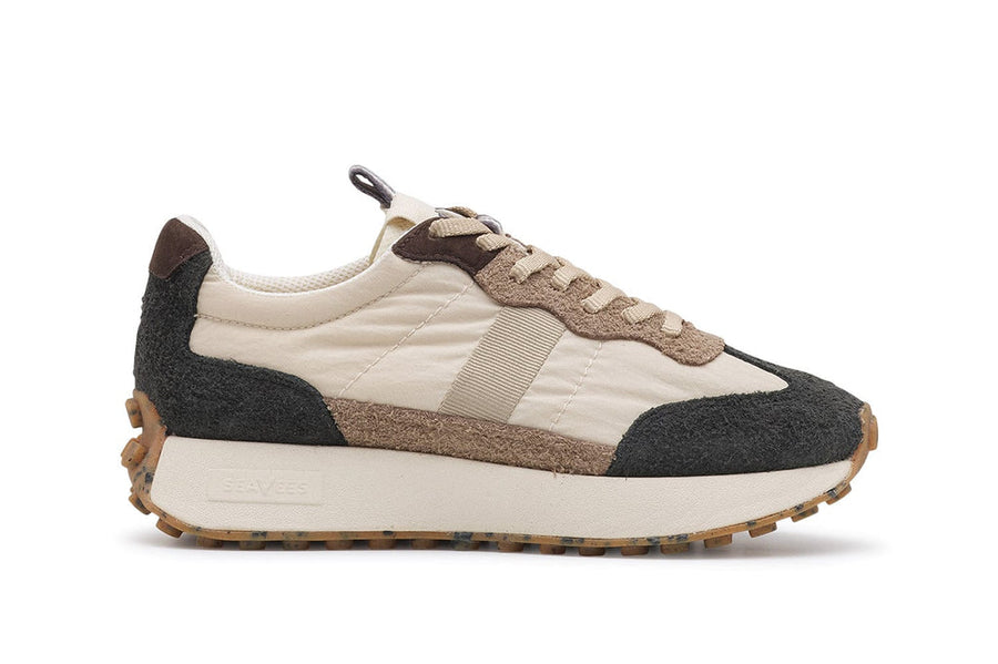 Women's Acorn Trainer sneaker in Black and Tan nylon and suede, side view, alternate shot 2